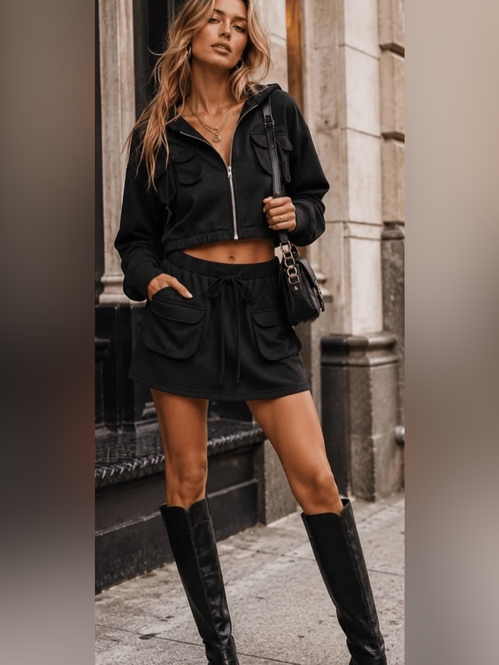 Hot and Delicious Black Hooded Cargo Pocket Jacket and Skort Set